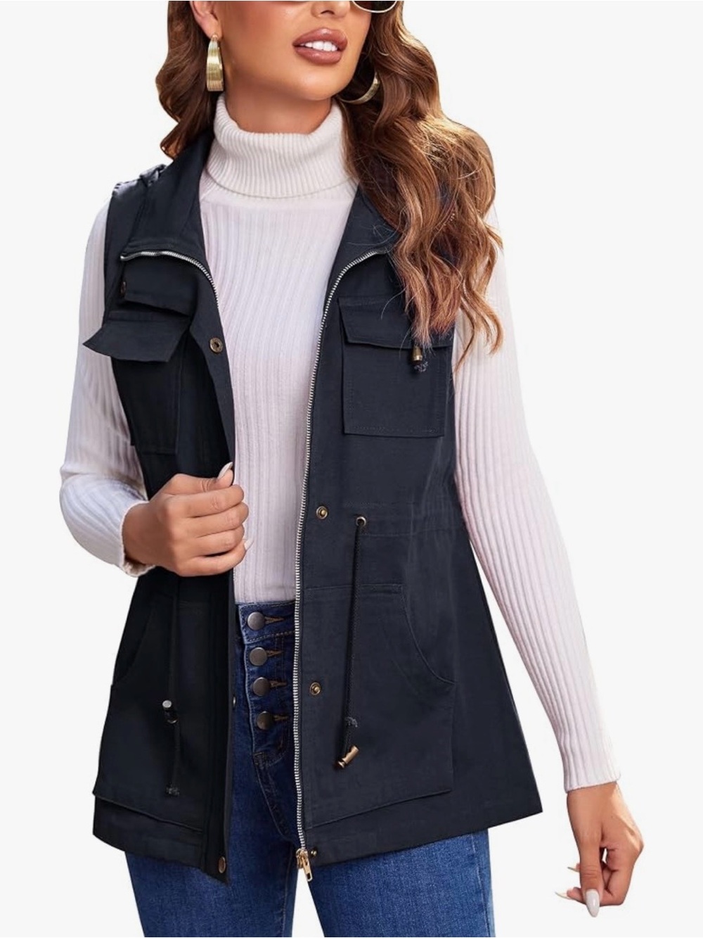 Women's Navy Sleeveless Utility Vest with Zip and Drawstring